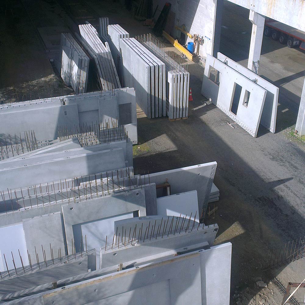 Homestead Construction bulk stored precast concrete panels at Levin factory